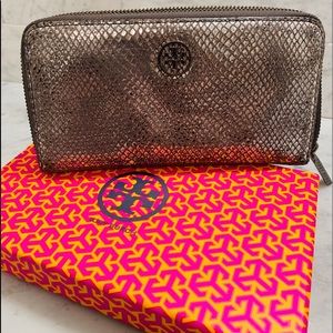 Tory Burch Silver Snakeskin Continental Wallet